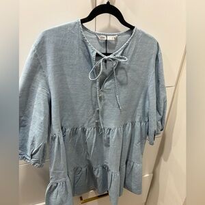 Zara Blue 3/4 Sleeve Tie Front Blouse